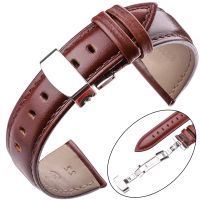 ﹍™ Watch Band Strap Genuine Leather Brown Black Smooth Cowhide Watchbands Bracelet Accessories Silver Polished Deployment Buckle