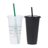 710ml Straw Cup With Lid Reusable Food Grade Plastic Color Change Tumbler Matte Finish Coffee Juice Cold Drink Cup Black/White