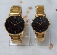 นาฬิกาคู่รัก Casio แท้100% รุ่น MTP-VT01G-1B , LTP-VT01G-1B สายสแตนเลสสีทองหน้าปัดดำ สไตล์เรียบหรู สินค้าของแท้ รับประกัน1ปี