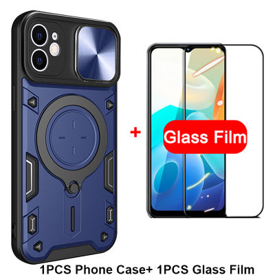 เคสโทรศัพท์ใหม่สำหรับ iPhone 11พับได้360องศาแท่นวางหมุนได้รถยนต์ติดตั้งเลื่อนยากกันกระแทกเปลือกหลัง + กระจกเทมเปอร์ปกป้องหน้าจอสำหรับเคส iPhone 11