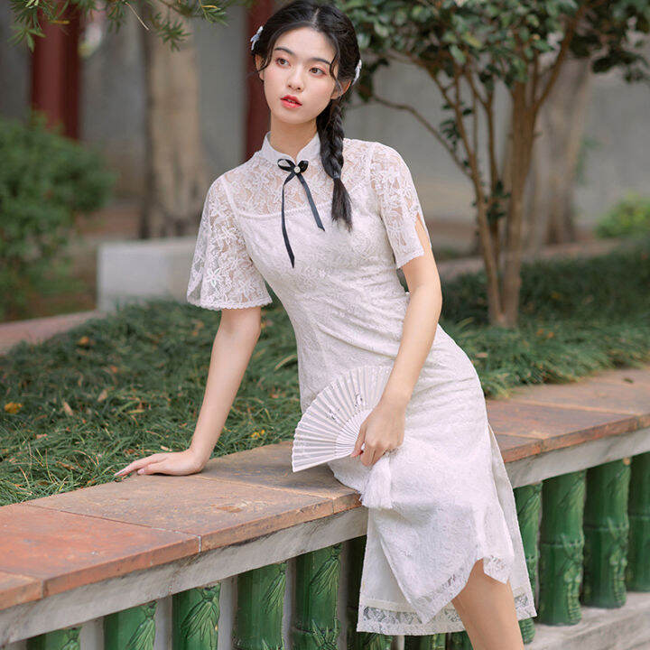 2022จินผ้าฝ้ายเย็บปักถักร้อยเนื้อสาว-cheongsam-ตาข่ายขนาดเล็กสดสีดำโบว์-cheongsam