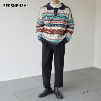 TOPEERSHENSHI Mens retro sweater New Mens Lapel Loose Pullover Long Sleeve Top Fashion retro printed pullover sweater