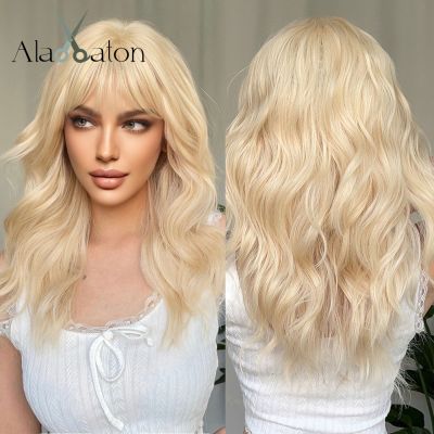 【jw】▥✶ ALAN EATON Curly Blonde Synthetic Wigs with Bangs Looking Wedding Hair Resistant for