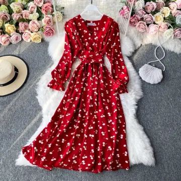 100% Cotton Woman Dress Cute Cherry Print Long Sleeve Button Up Korean Maxi  Dresses Comfortable Homewear Vestido De Mujer