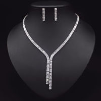 2021 Cubic Zirconia Long Necklace Earrings Sets for Brides Wedding Jewelry Accessories Jolleria De Mujer De Oro For Women