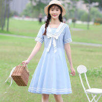 UQS497 2021ฤดูร้อนใหม่สไตล์มหาลัย Sailor เสื้อแขนสั้นมีปกชุดเกาหลีสไตล์หลวม Slimming Midi ชุดสำหรับหญิงนักเรียน