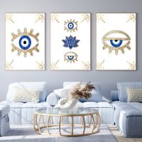 Boho บทคัดย่อโปสเตอร์และพิมพ์ภาพผนังสำหรับตกแต่งห้องนั่งเล่น-Evil Eye Gold Blue Spiritual Lotus Wall Art ภาพวาดผ้าใบ