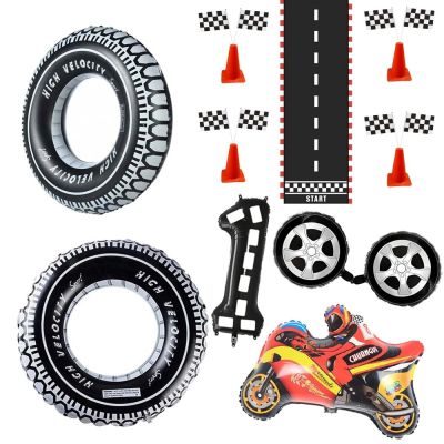 PVC Tyres Car Wheels Balloon Kids Birthday Inflatable Balloons Racing Car Theme Checkered Flag Racing Party Decoration Supplies Artificial Flowers  Pl