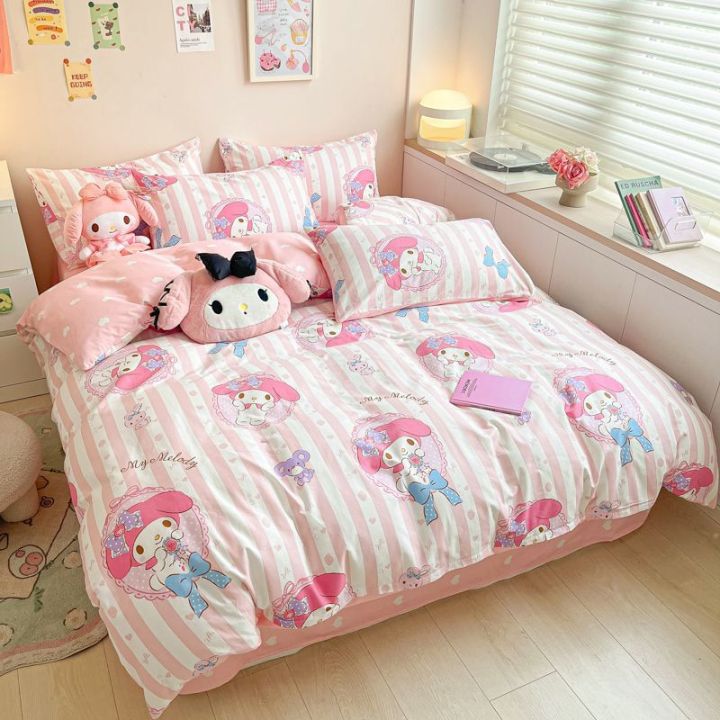 sanrios-ฟิกเกอร์อนิเมะ-kuromi-melody-cinnamoroll-สี่ชุดเครื่องนอนสำหรับเด็กเตียงน่ารักผ้าห่มปลอกหมอนชุดเครื่องนอน