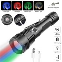 4in1 Tactical Zoomable LED Flashlight Red/Green/Blue/White light Torch Outdoor Hunting Fishing Light Waterproof USB Rechargeable