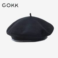 COKK Wool Beret Autumn Winter Hats For Women Solid Color Flat Painter Cap Woolen Beret With Pu Leather Boina Feminina Beanie Hat