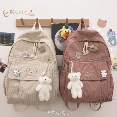 【hot sale】♂♀ C16 【Ready Stock】Schoolbag Female Korean Ulzzang High School Student Corduroy Versatile Backpack Cute Backpack