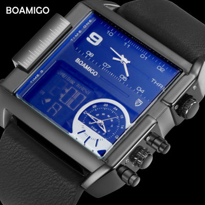 2021BOAMIGO brand men sports watches 3 time zone big man fashion military LED watch leather quartz wristwatches relogio masculino