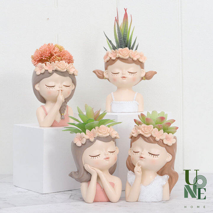 uonehome-พร้อมส่ง-h080-รูปปั้นกระถางดอกไม้นางฟ้า-กระถางไม้อวบน้ำ-ขนาดเล็ก-แต่งสวนน่ารัก-รูปปั้นเด็กสาว-สไตล์โมเดิร์น-วัสดุเรซิน