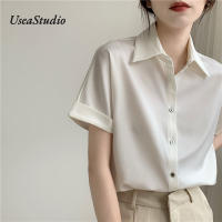 Usestudio เสื้อชีฟองแขนสั้นผ้าซาตินสีขาวสำหรับผู้หญิง Summer Top 502T156