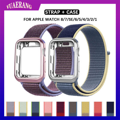 เคส VUAERANG + สายสำหรับนาฬิกา Apple สายผ้าไนลอน45มม. 41มม. 44มม. 40มม. 42มม. 38มม. พร้อมเคส TPU สำหรับ I Watch Series 8/7 /Se/ 6/5/4/3/อุปกรณ์เสริมทดแทน2/1