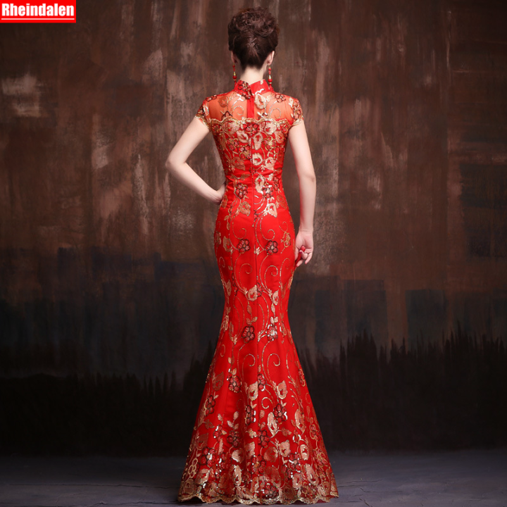 สีแดงจีนชุดแต่งงานหญิงยาวชุดกี่เพ้าแขนสั้น-slim-จีนชุดโบราณผู้หญิง-qipao-สำหรับงานแต่งงาน