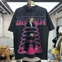 ฤดูร้อนใหม่ Hip Hop Bieber พิมพ์เสื้อยืดผู้ชายผู้หญิง Vintage ล้างน้ำสีดำแขนสั้น T-Shirt