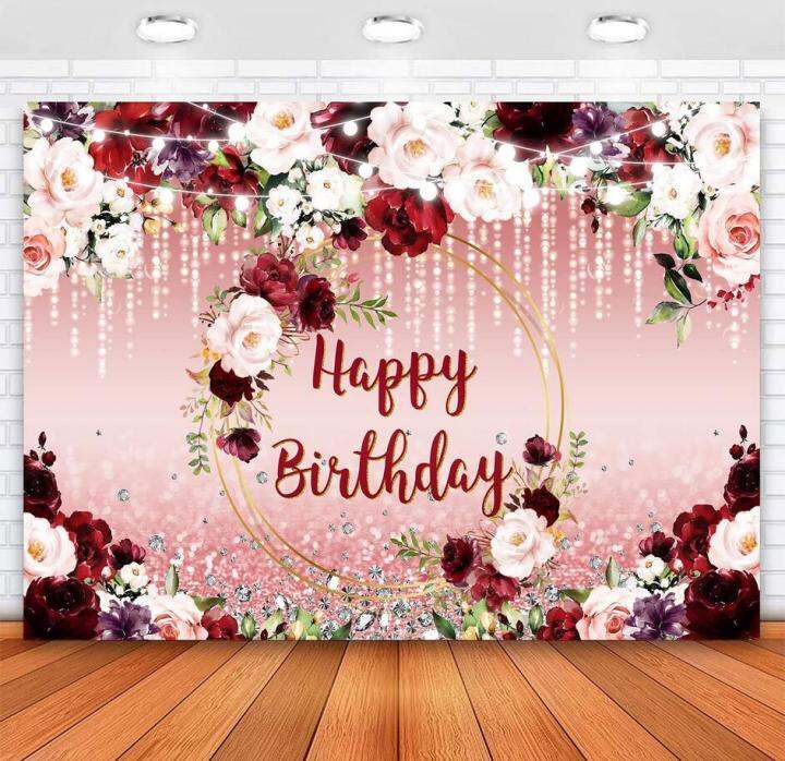 Floral Happy Birthday Backdrop Burgundy Flowers Rose Gold Glitter Bokeh Spots Photo Background