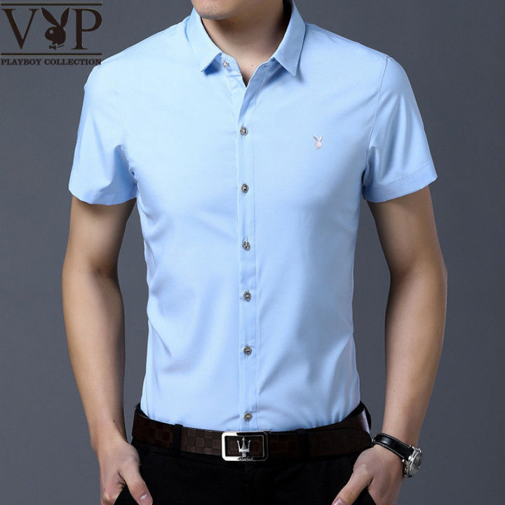 เพลย์บอยเสื้อเชิ้ตผู้ชายแขนสั้นเข้ารูป2023เวอร์ชันเกาหลีฤดูร้อนใหม่เทรนด์พิมพ์ลายเสื้อ