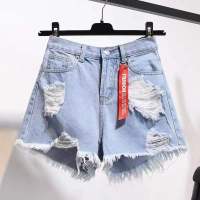 กางเกงขากว้างเอวสูงสลิมมิ่งเอวสูงสไตล์เกาหลีทรงหลวม Celana Pendek Denim เทรนด์