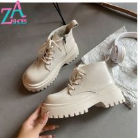 ZAZA บูทรองเท้าบูท Martin สีดำสำหรับผู้หญิง,Sepatu BOOT Pendek หุ้มข้อปานกลางรองเท้าบูทหนังนุ่มพื้นหนาสำหรับนักเรียน