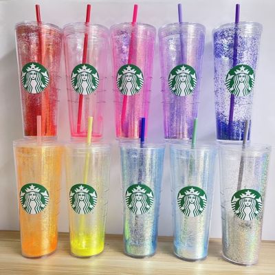 Startbuck ขาตั้งกล้อง Starbuck 2022 Glitter Double-Layer แก้วพลาสติกพร้อมหลอดแก้วประกอบความจุมากแก้วน้ำ710มิลลิลิตรแก้วน้ำ Starbuck Starbuck แก้ว