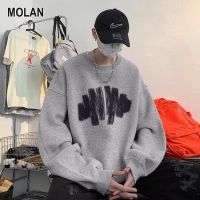 MOLAN เสื้อสเวตเตอร์แขนยาวสวมหัวผู้ชายสเวตเตอร์ลายพิมพ์คอกลมกราฟฟิตีลำลองทรงหลวมใส่ได้ทั้งชายและหญิงเสื้อสเวตเตอร์คู่รักขนาดพิเศษเรียบง่าย