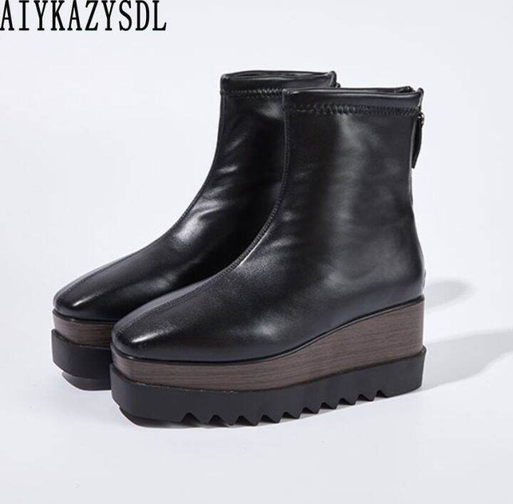 AIYKAZYSDL 2022 Winter Ankle Boots Flat Platform Wedge Heel Shoes Thick  Sole Bottom Creepers High Top Chelsea Bootie Shoes Women 