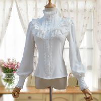 Ruched Lace Blouse Long Sleeves Lolita Victoria Costume Sweet High Collar Slim Fit Shirt Button Up Formal Jabot Tops With Tie