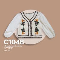 C1048 เสื้ื้อคลุมถักลายดอกไม้เเขนชีฟองลายก้านดอกไม้ ยาว20