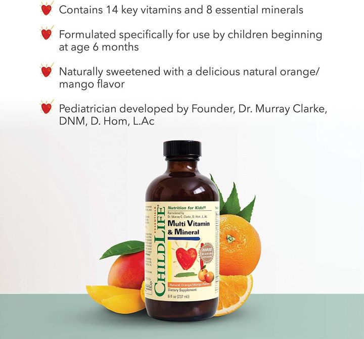 วิตามินรวมและแร่ธาตุ-แบบน้ำ-สำหรับเด็ก-รสส้ม-มะม่วง-essentials-multi-vitamin-amp-mineral-for-kids-natural-orange-mango-237-ml-childlife