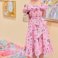 P010-241 PIMNADACLOSET - Off Shoulder Sleeveless Smocked Tie Waist Floral Print Flare Ruffle Hem Midi Dress