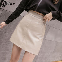 Jielur Leather Skirt Autumn Winter New Korean High Waist Mini Skirt Female 4 Colors Chic Black y Saia A-line PU Skirts Women