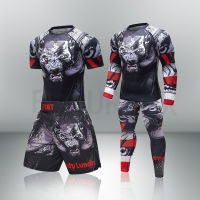 Men 3D Wolf Print Compression Running Suit Jersey+Leggings Rashguard Tight T-Shirts Trousers Muay Thai MMA Fightwear Boxing Set