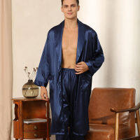 Two Pieces Robe&amp;Pants Suit For Men Bathrobe Lapel Sleepwear Kimono Bath Gown Summer Satin Nightwear Long Sleeve Pajamas Set