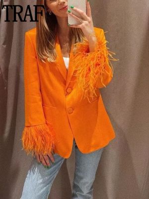 เสื้อเบลเซอร์สีส้มสำหรับผู้หญิง,เสื้อสูทแขนยาวมีกระดุมสไตล์เกาหลีเสื้อเบลเซอร์ลำลองผ้าซาตินสำหรับผู้หญิงปี2022