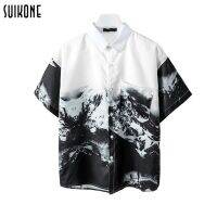 Suikone เสือผ้าผู้ชาย เสื้อฮาวายเสื้อเชิ้ตแขนสั้นผู้ชายสไตล์จีนการพิมพ์จิตรกรรมภูมิทัศน์ เสื้อผู้ชาย