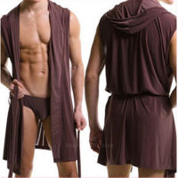 Mens Bathrobe Kimono Sleepwear Male Sleeveless Thin Hooded Homewear Wearman Silk Pajamas Night Gown Bath Robes For Men Clothing