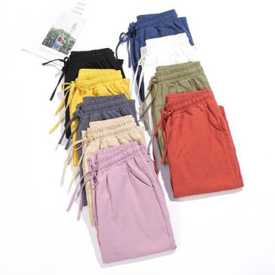 [ส่งไว] Clothinghouse_shop กางเกงขายาวผญ กางเกงลำลองหญิง ผ้าฝ้ายขายาว มีกระเป๋าข้าง เชือกรูดได้ มี9สีให้เลือก กางเกงผ้าลินินขายาว รหัส B001