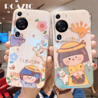 ROAZIC สำหรับ Huawei P60/Huawei P60โปรเคสโทรศัพท์พลอยเทียมสีฟ้าสวยดอกไม้น่ารักสาวแสงแดดฝาหลังยางกันตกปลอกอ่อน