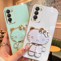 Folding Makeup Mirror Phone Case For infinix Tecno Camon 18 18T 18P CH6 CH6n CH7 CH7n  Case Fashion Cartoon Cute Cat Multifunctional Bracket Plating TPU Soft Cover Casing