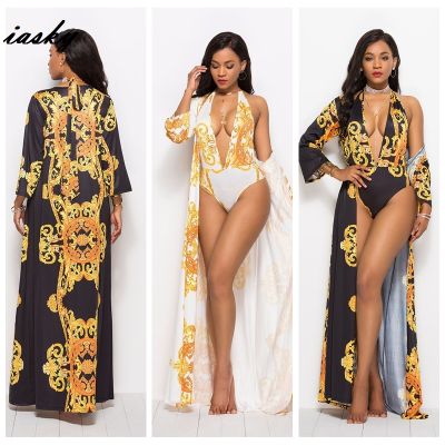 IASKY Retro print deep V neck one piece swimsuit+ beach cover ups set 2019 New sexy women swimwear bathing suit &amp;cover up 2PCSS