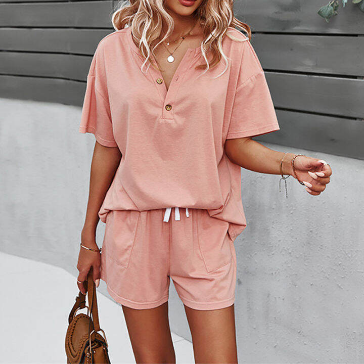 women-short-pullover-top-shorts-homewear-sets-summer-o-neck-elastic-waist-ladies-sleepwear-loose-streetwear-solid-pajamas