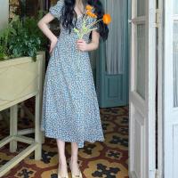 COD DSFGERTGYERE Floral dress girl 2020 new blue V-neck bubble sleeve female student loose V-neck slim A-line skirt