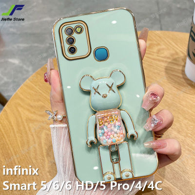 JieFie ของเล่นน่ารักหมีเคสโทรศัพท์สำหรับ Infinix Smart 5 / Smart 6 / Smart 6 HD / Smart 5 Pro / Smart 4 / 4C Square Chrome-Plated Soft TPU ฝาครอบโทรศัพท์ + ขาตั้ง