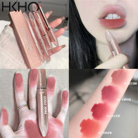 HKHO หลอดสีชมพูลิปสติกเนื้อแมทสีเวลเวตลิปเคลือบริมฝีปากไม่ติดถ้วยลิปสติกทนกันน้ำ