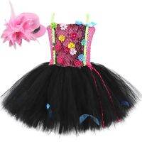 Hot Pink Black Flowers Tutu Dress for Girls Birthday Halloween Costumes Outfit for Kids Fancy Princess Dresses with Hat Hairpin