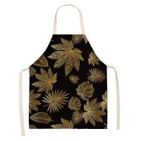 Golden Leaves Kitchen Aprons for Women Black Cotton Linen Bibs Household Cleaning Pinafore Home Cooking Apron 66x47cm