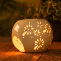 White Color Round Shape Aroma Burner Hollow Floral Pattern Essential Oil Burner Candle Holder Oil Lamp Fragrance Home Decor